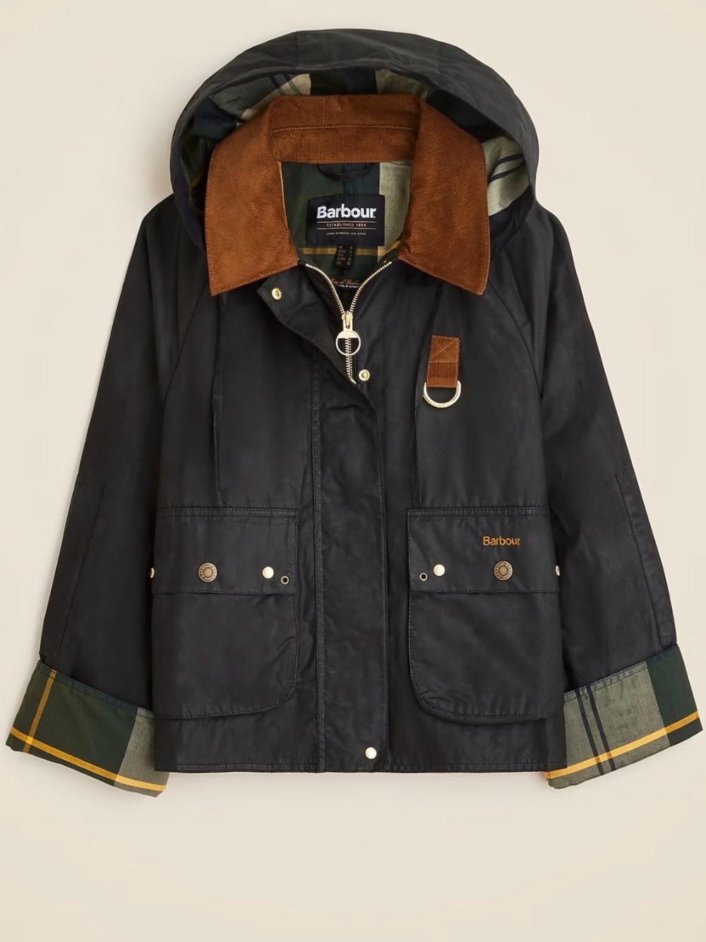 Barbour Navy waxed Hooded Waxed Raincoat with Brown Cord Collar